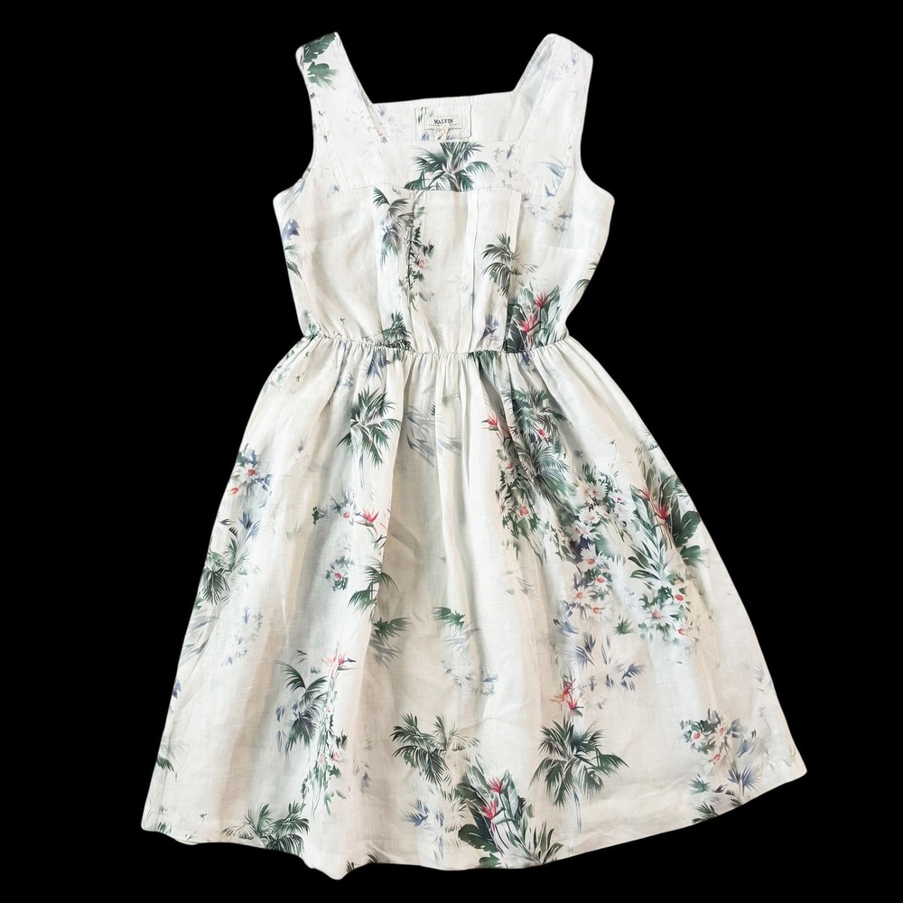 Malvin Hamburg Womens Linen‎ Tropical Palm Print Midi Dress White 8 coastal